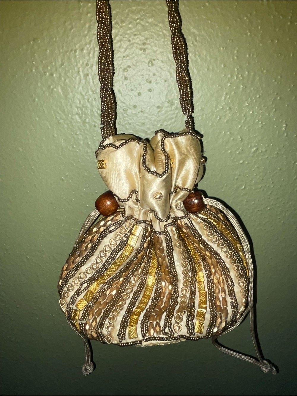 Beaded Gold and Beige Drawstring Evening Bag